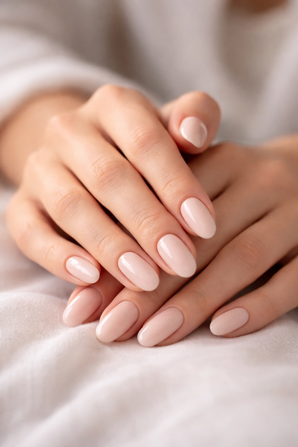 Close-up of hands with a milky nude manicure in an elegant pose
