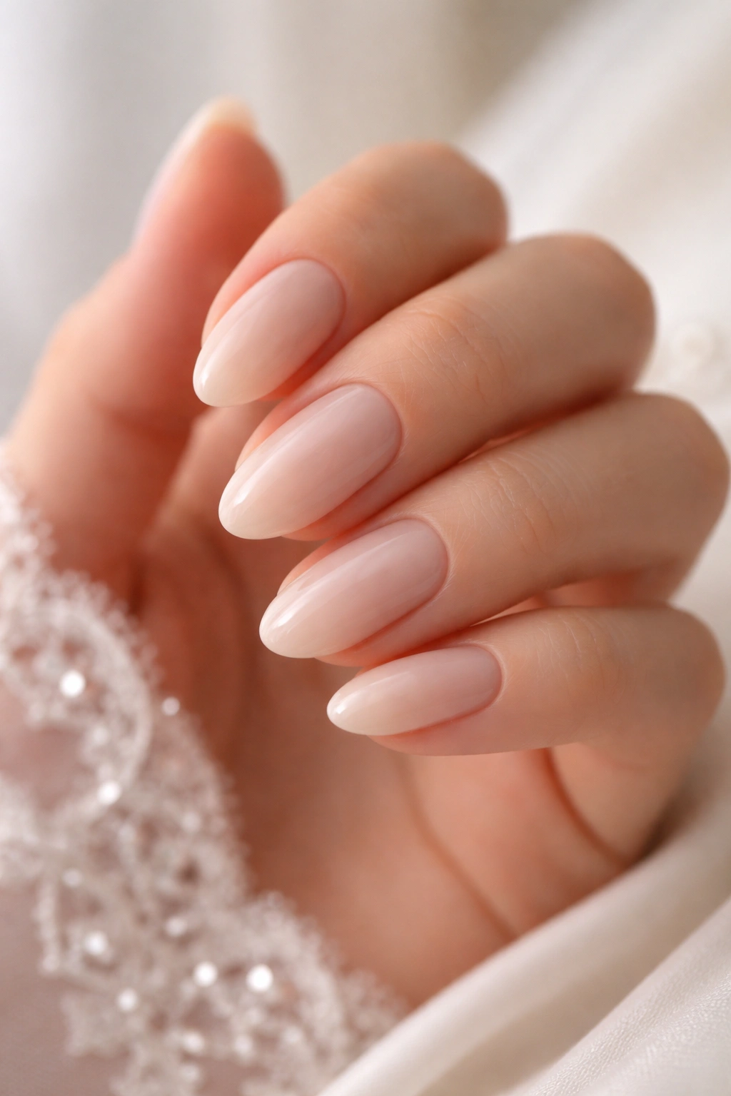 Close-up of short almond nails painted in milky nude polish with soft focus
