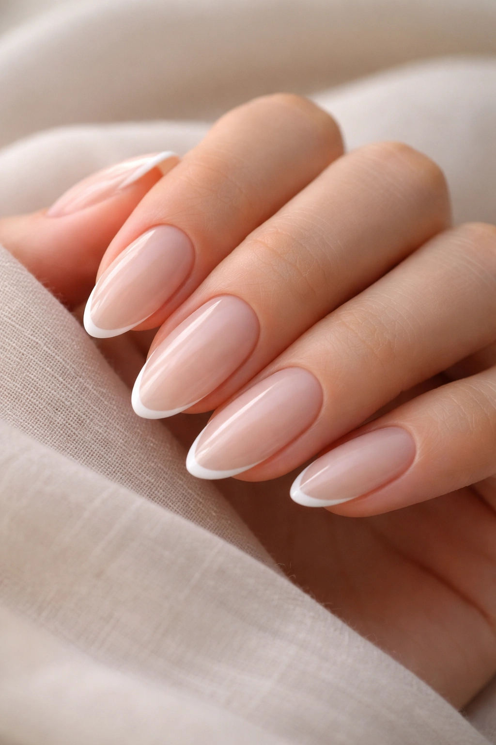 Close-up of almond nails with milky nude base and micro French edge.