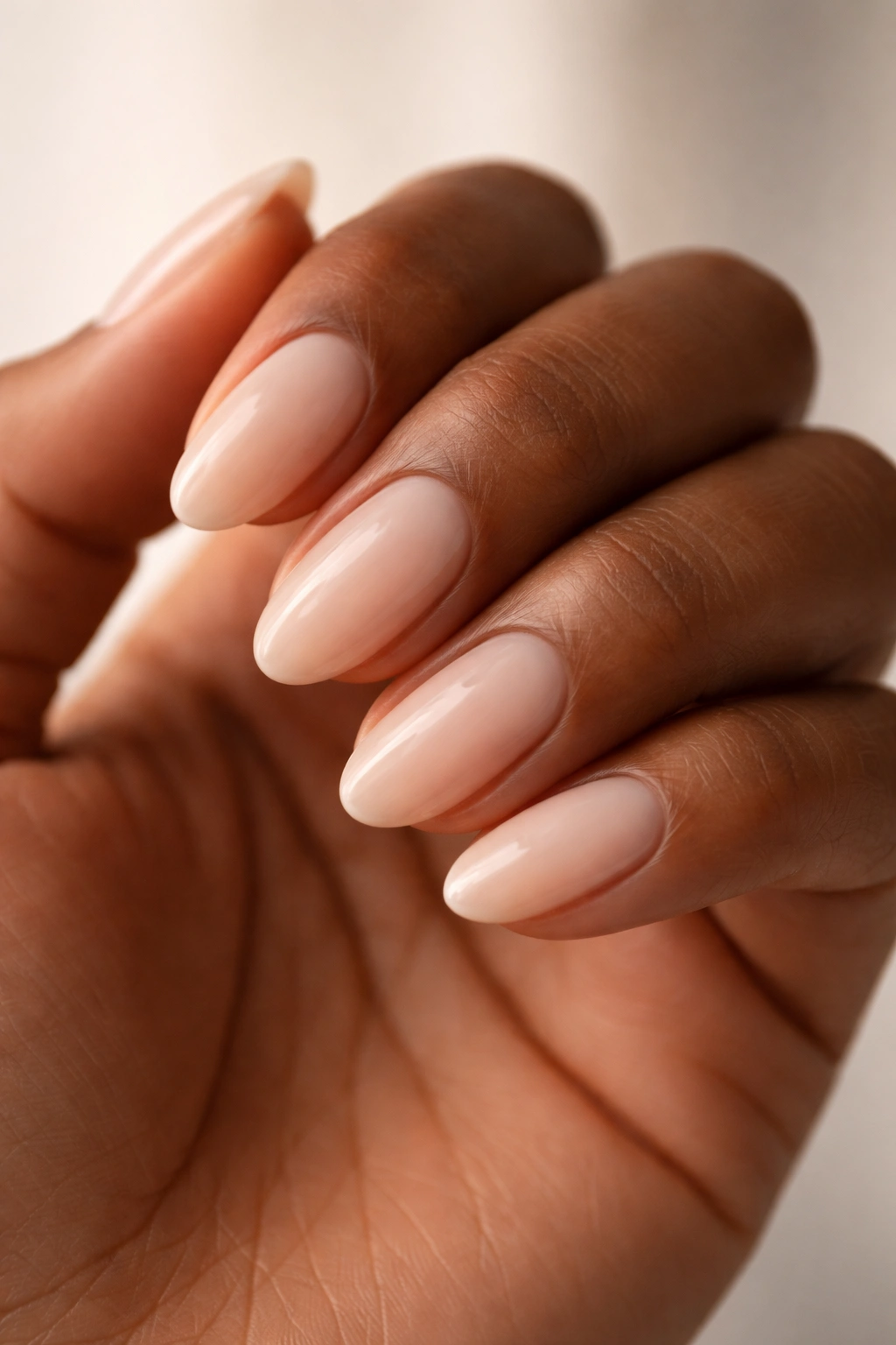 Close-up of milky nude short almond nails with warm beige undertones on a hand