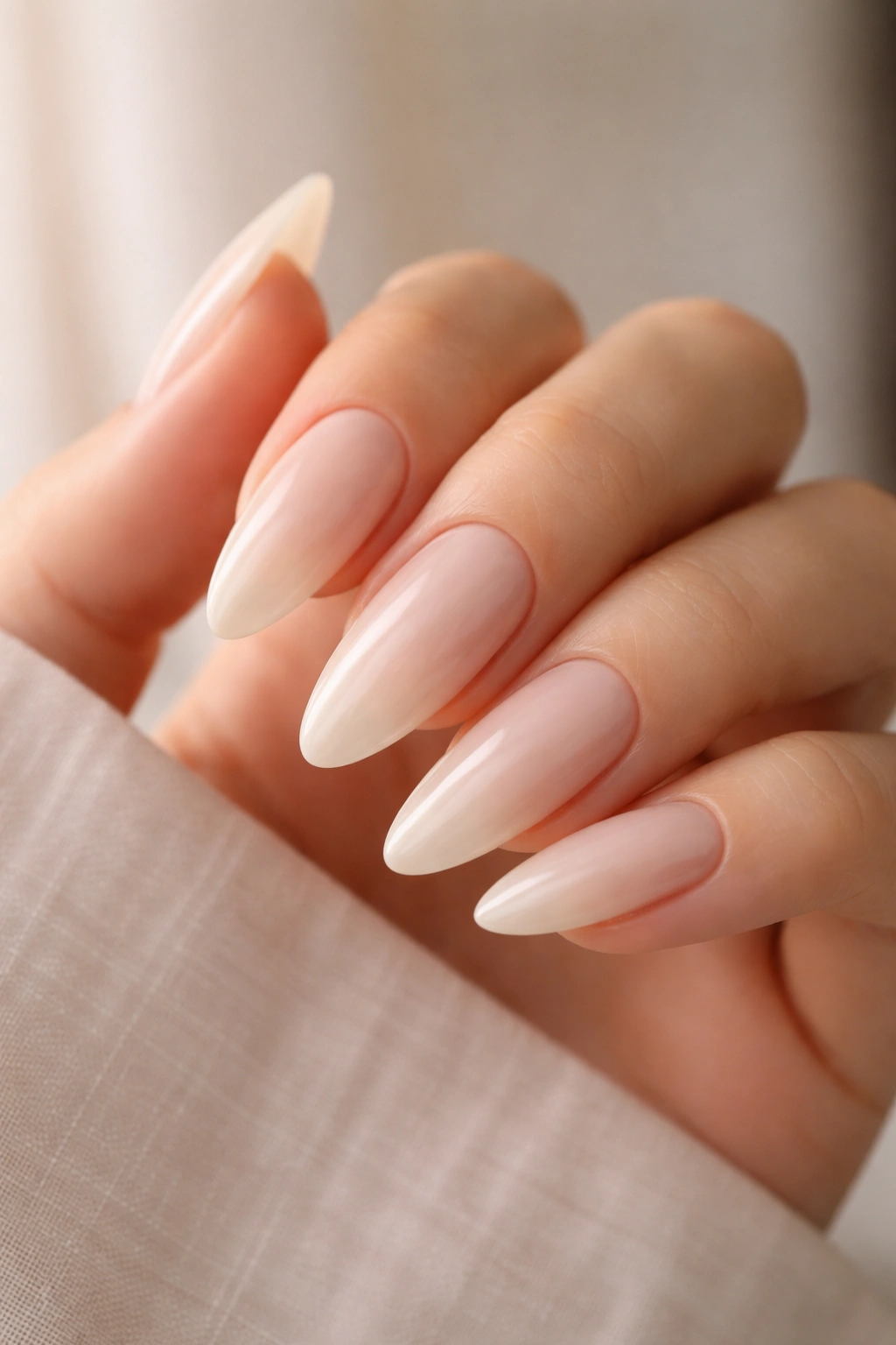 Close-up of milky nude almond nails on a hand with translucent finish