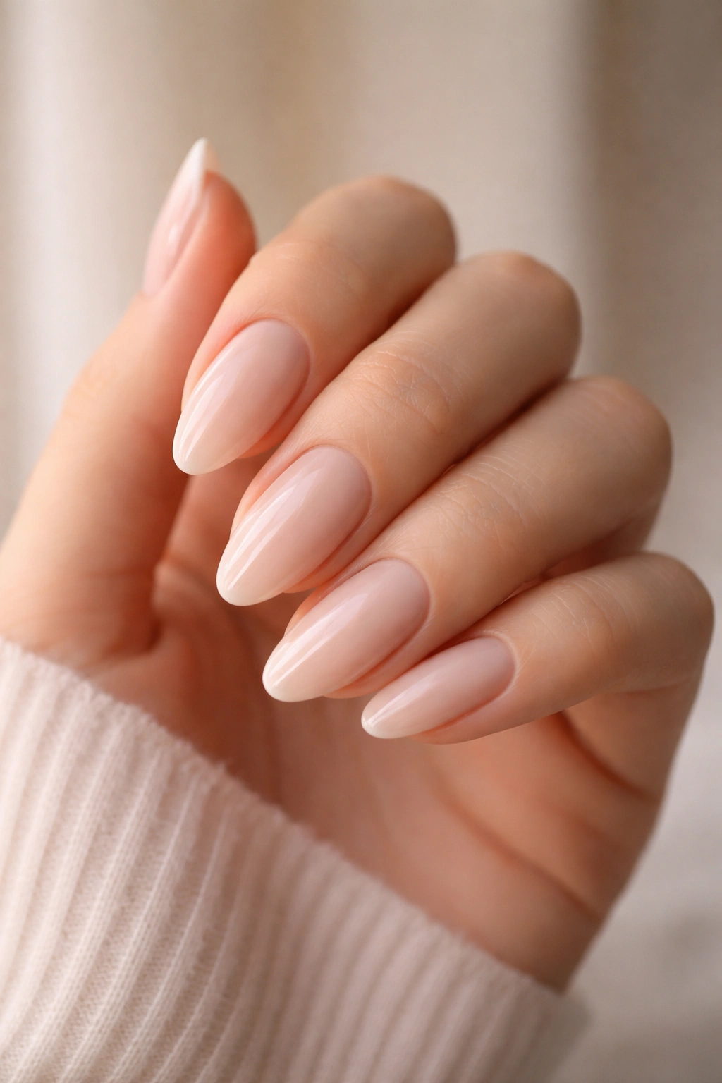 Close-up of milky nude almond oval nails with a glossy sheer finish