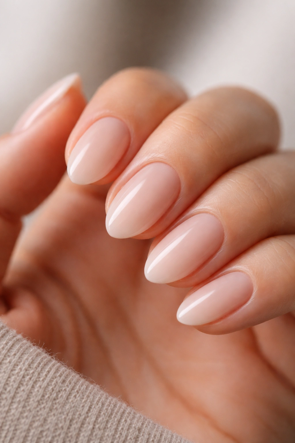 Close-up of milky nude almond-tip nails on a hand with soft translucent finish