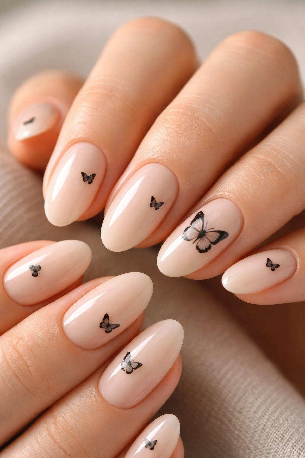 Close-up of milky nude almond nails with tiny black butterfly decals on accent nail