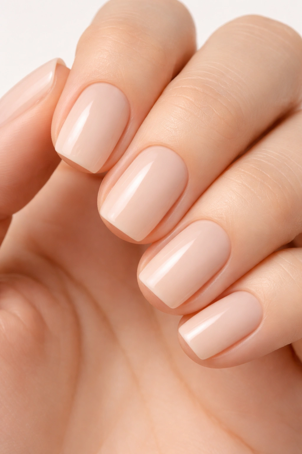 Close-up of short squoval nails in Milky Nude Creme Finish.