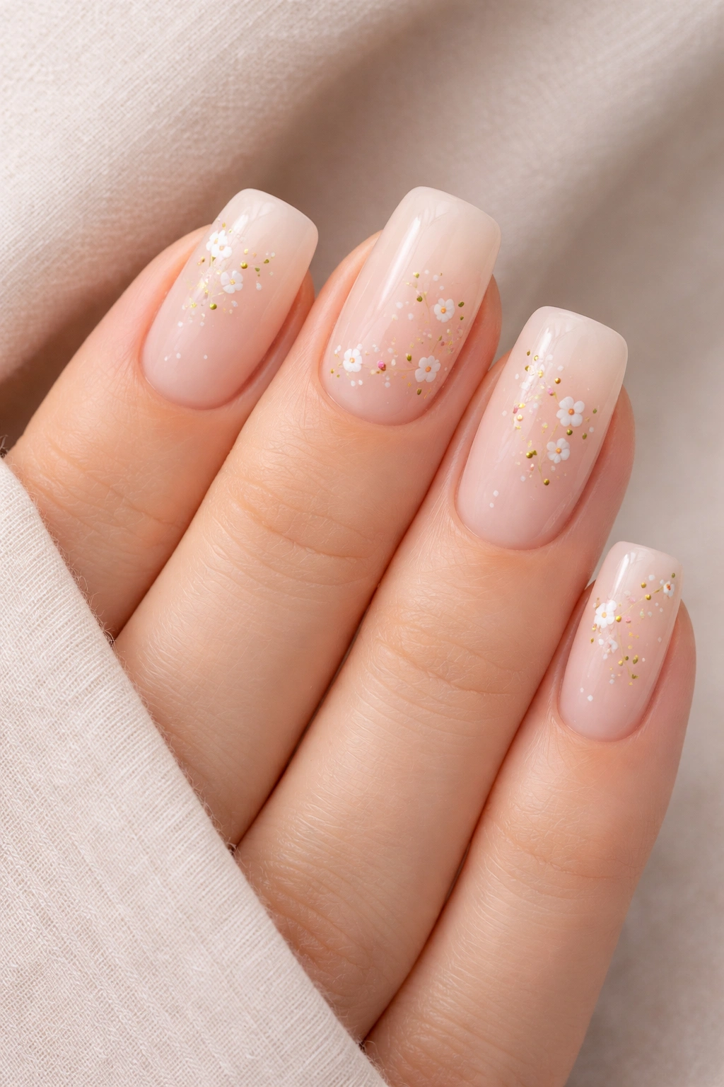 Close-up of milky nude nails with delicate floral art on soft square tips