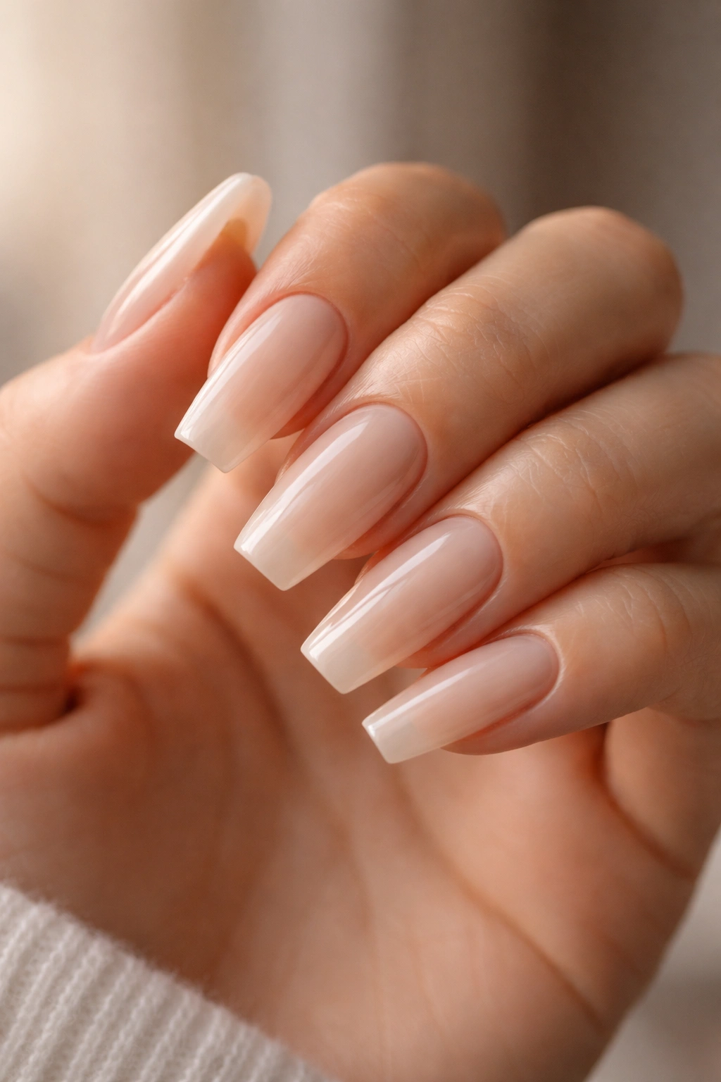 Close-up of milky nude ballerina nails with glassy finish on a clean manicure