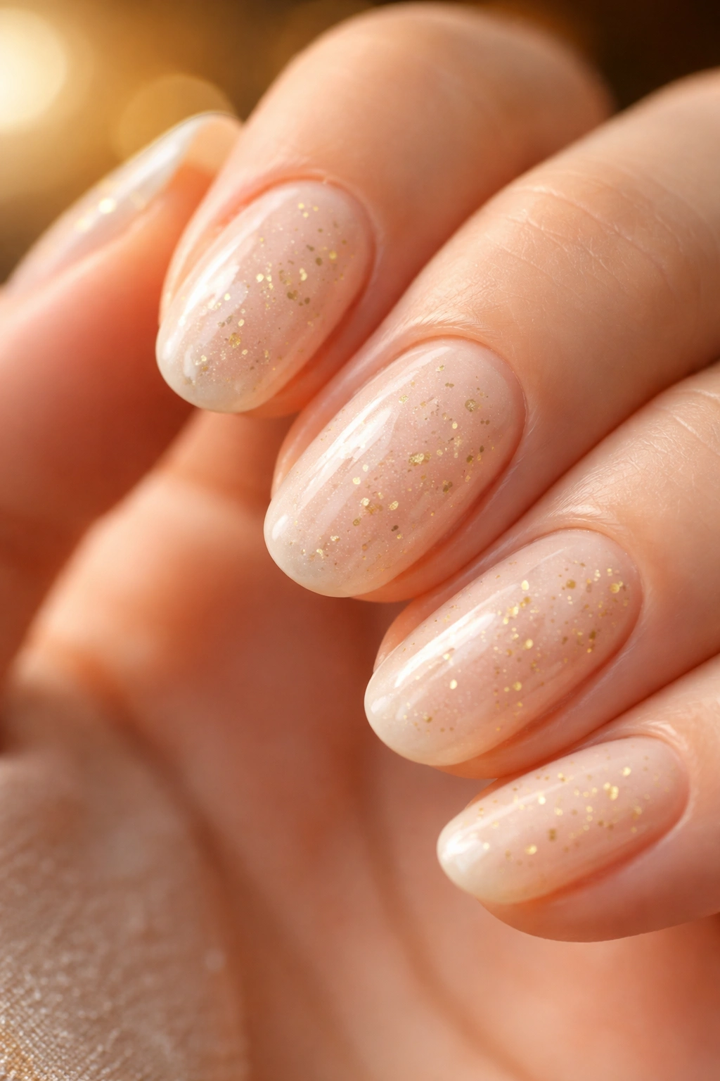 Close-up of milky nude nails with tiny gold flecks on short oval nails