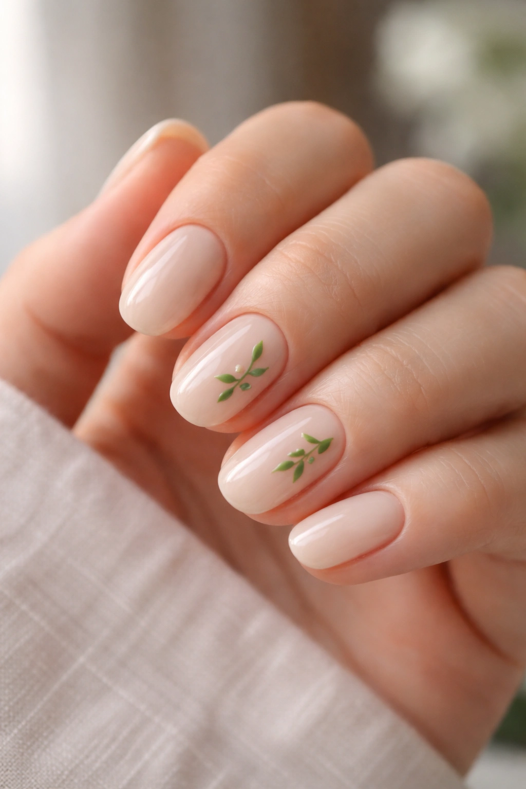 Close-up of milky nude nails with tiny green leaf accents on short ovals.