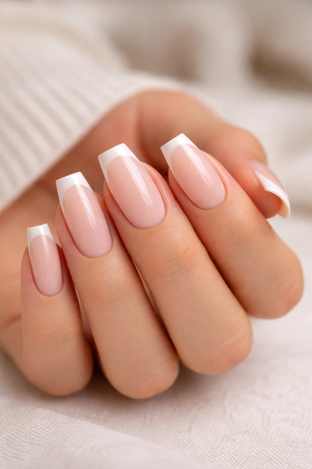 Close-up of milky nude micro-French ballerina nails with a tiny white smile line