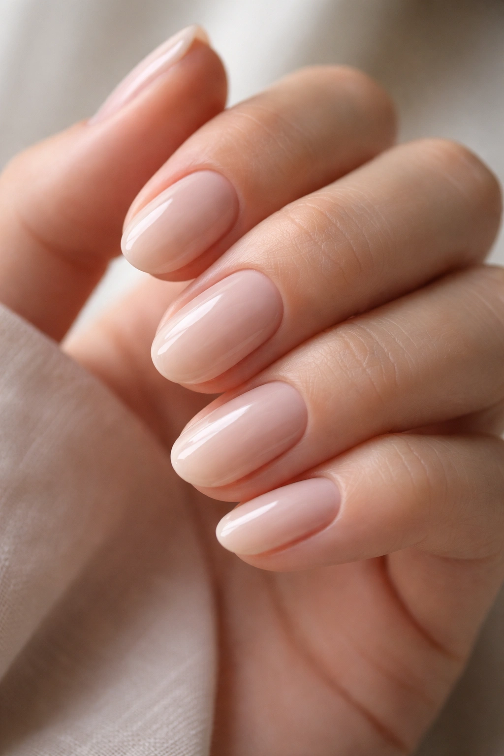 Close-up of milky nude oval nails with translucent depth