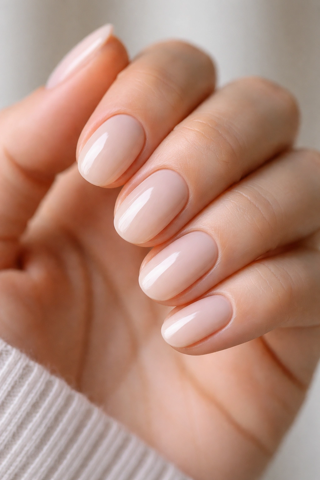 Close-up of milky nude short oval nails with a glossy finish on a neutral background