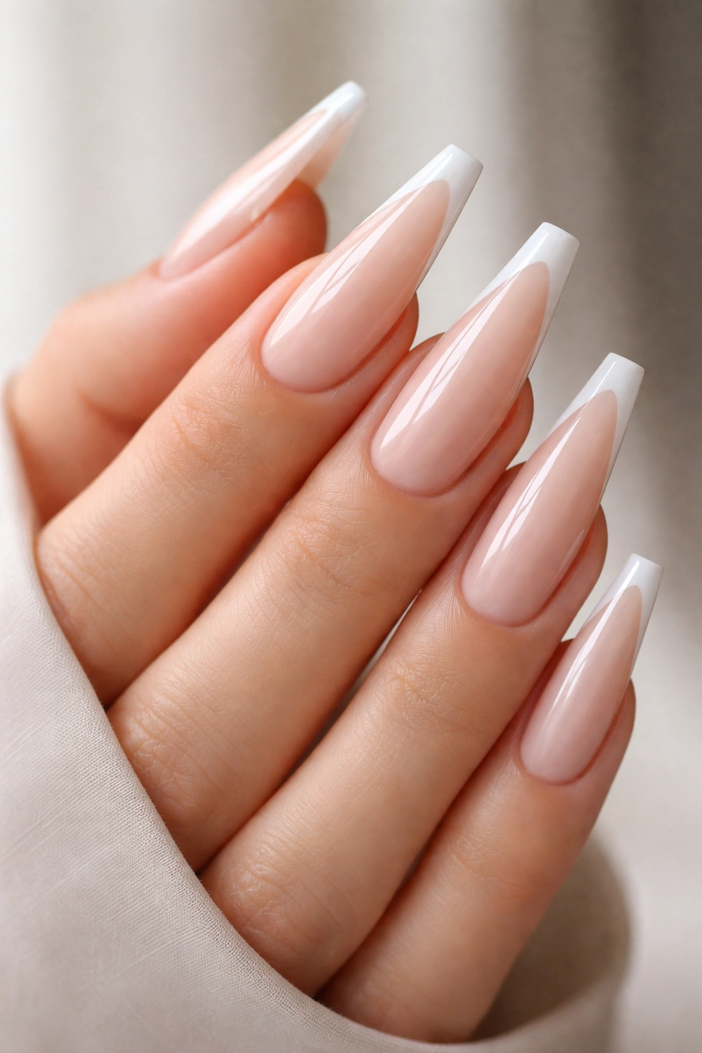 Bare hand with milky nude ballerina nails and razor-thin white French tips.