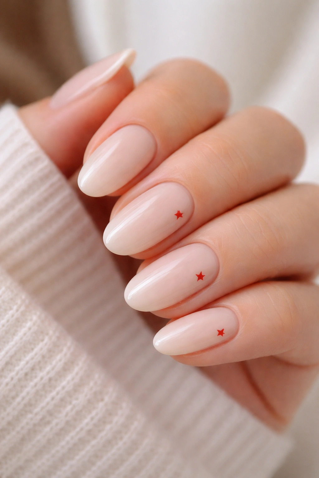 Close-up of milky nude almond nails with tiny red stars on select nails