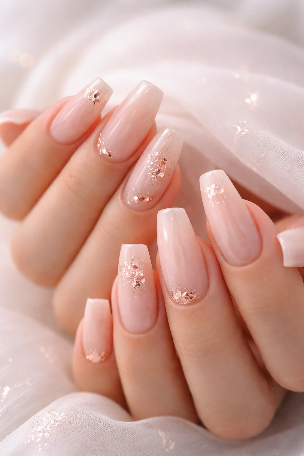 Nails with milky nude base and rose gold leaf accents
