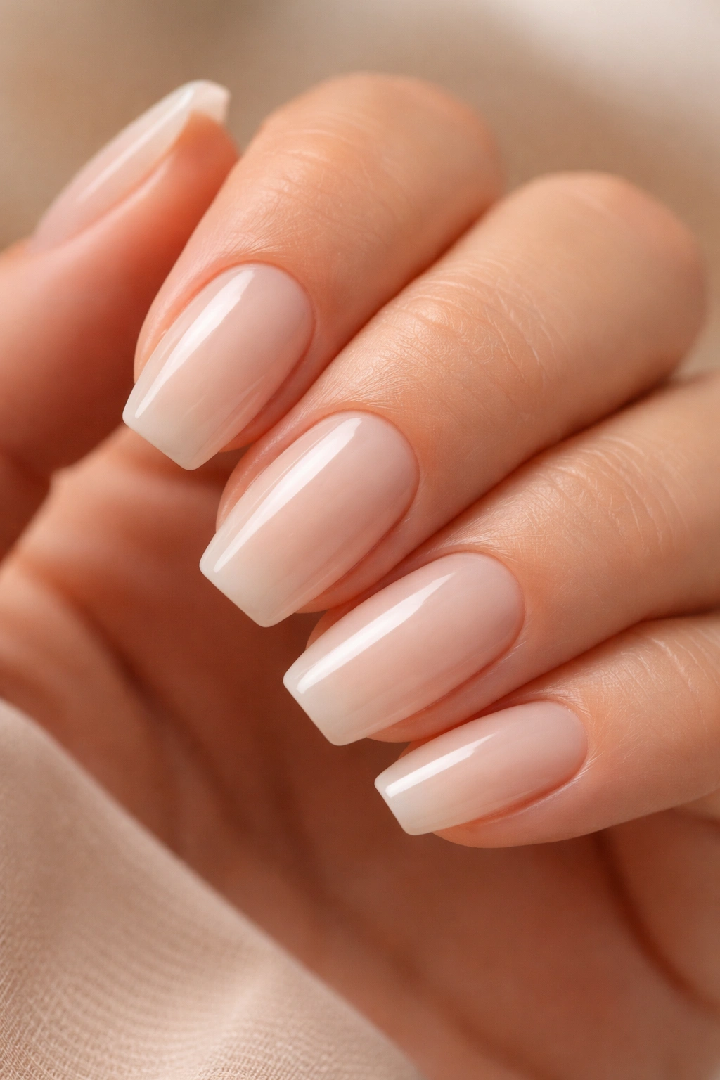 Close-up of milky nude ballerina nails with soft square tip.