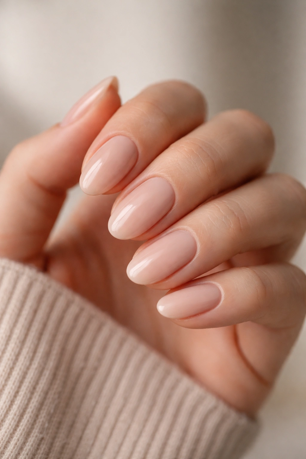 Close-up of milky nude short almond nails on a hand with sheer pink-beige polish and glossy finish