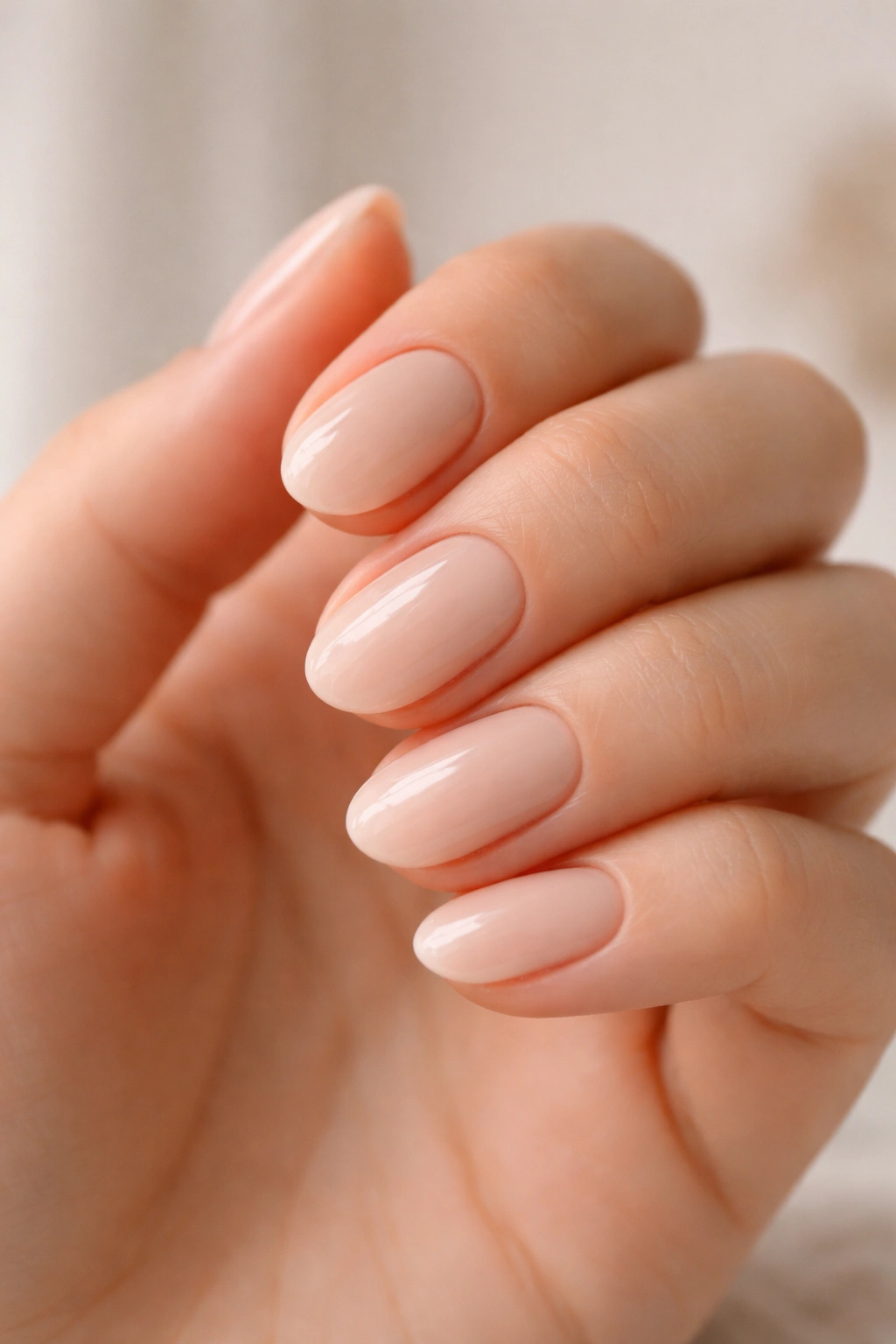 Close-up of milky nude short almond nails with a glossy finish