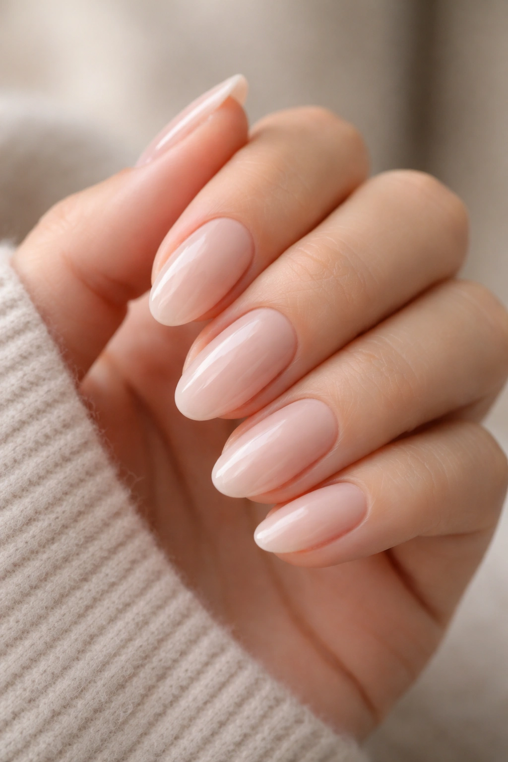 Close-up of hands showing Milky Nude Almond Nails in a milky nude shade