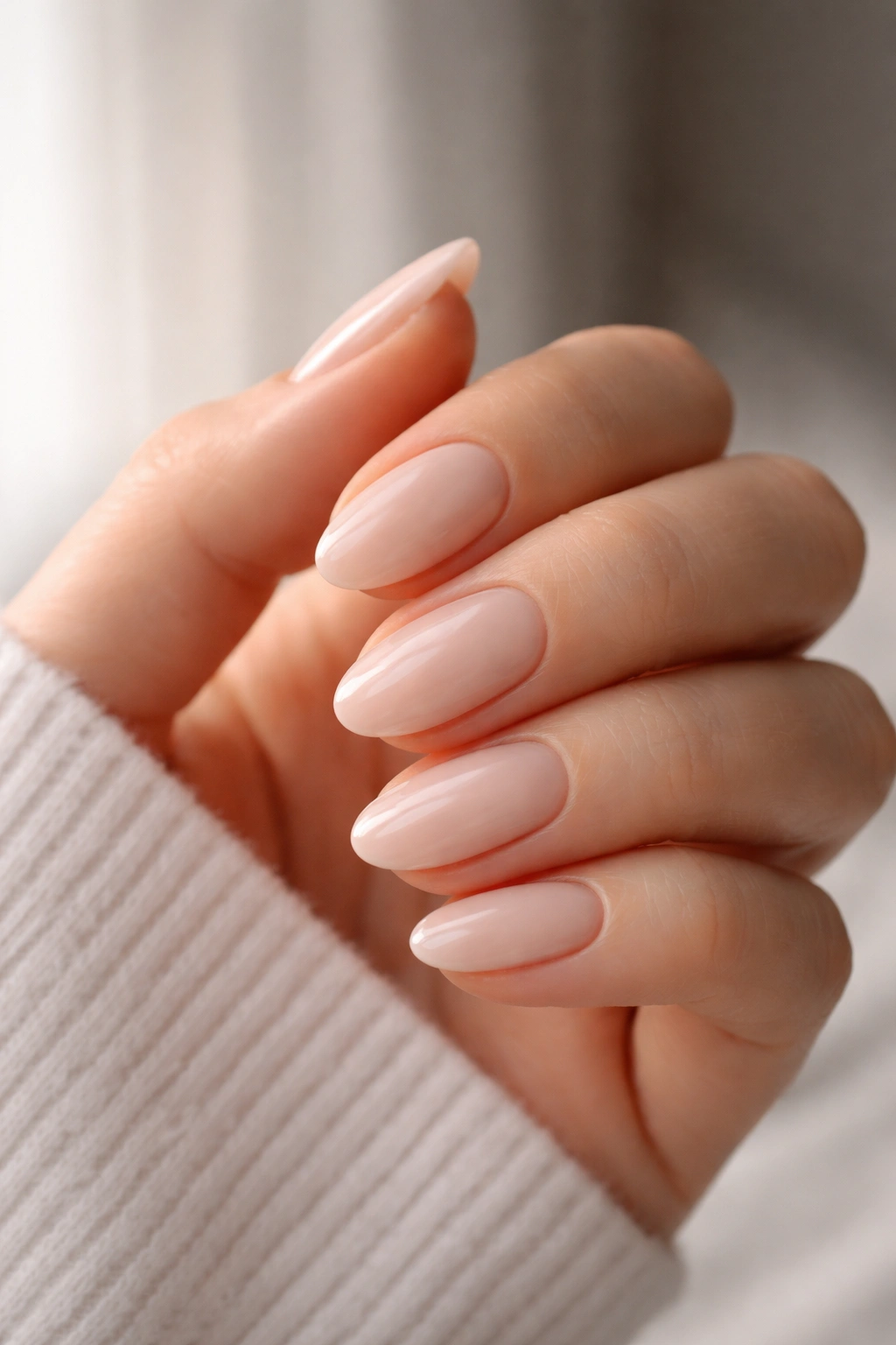 Close-up of short almond nails painted in milky nude sheer polish on a neutral background