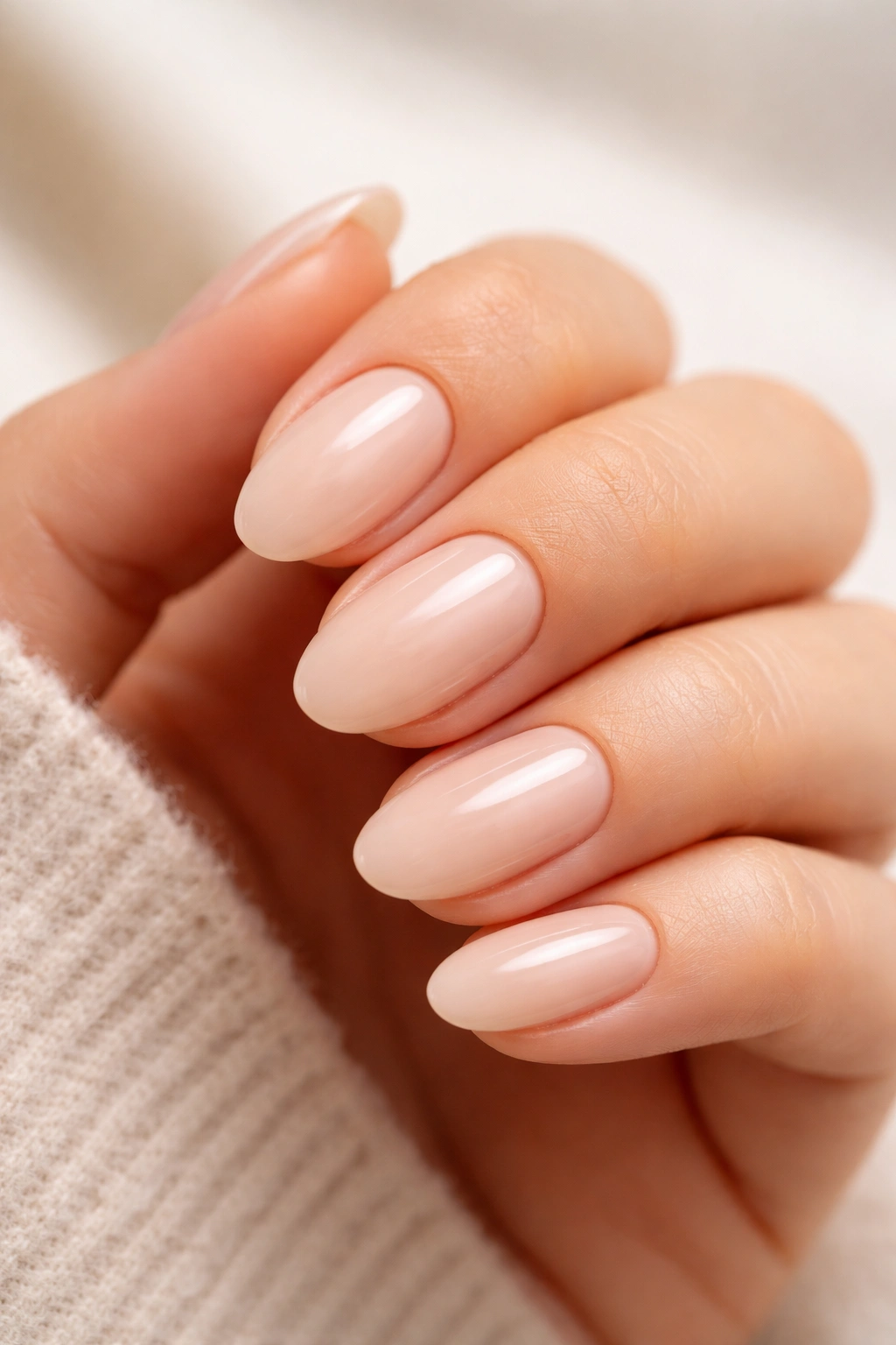 Close-up of milky nude short almond nails with sheer beige-pink polish
