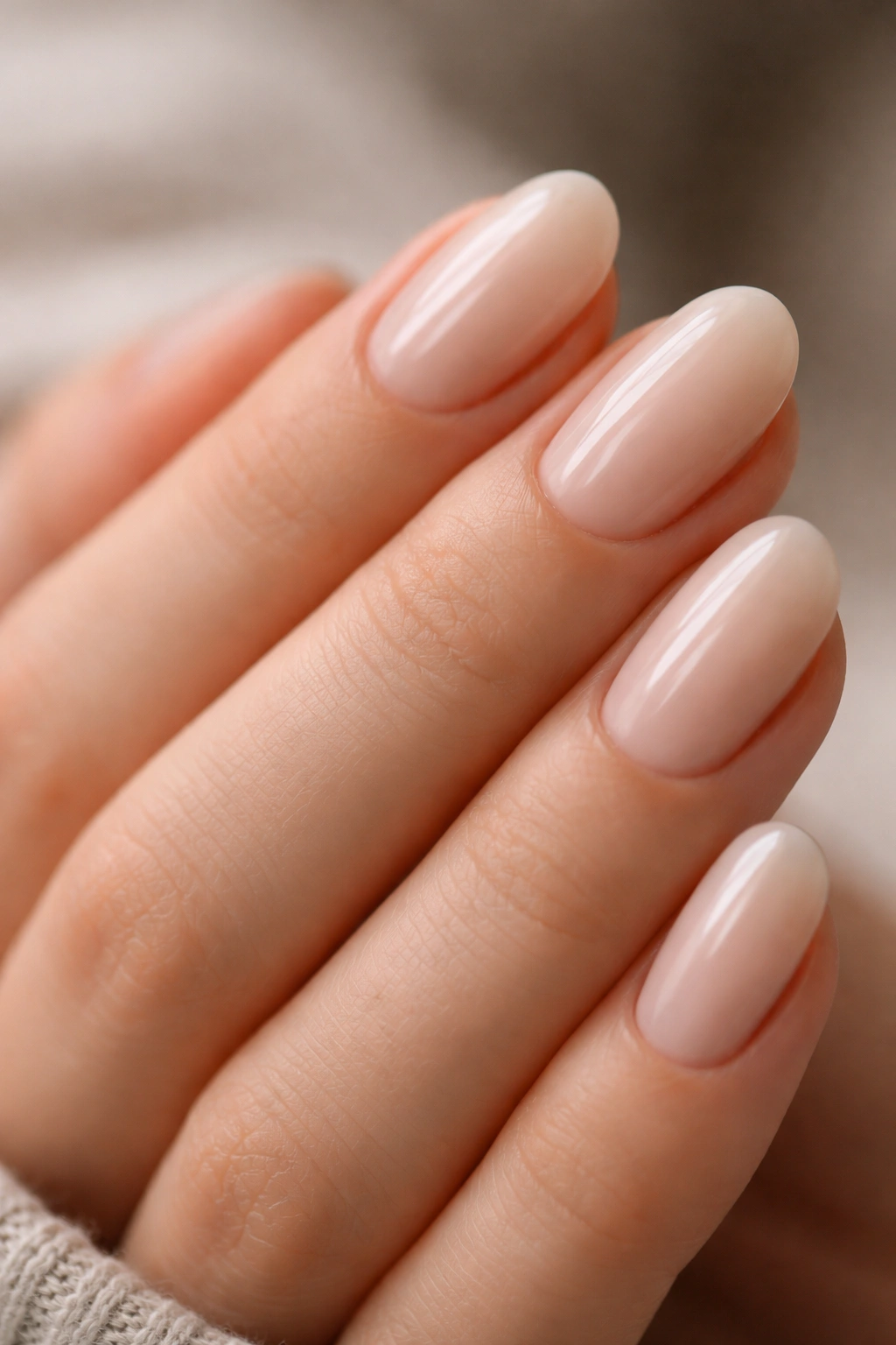 Milky nude short oval nails on a hand against a neutral background