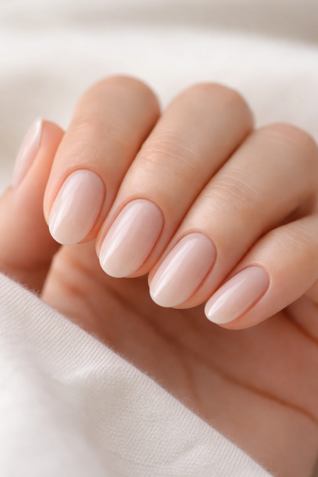 Close-up of milky nude short oval builder gel nails with glossy finish on a hand