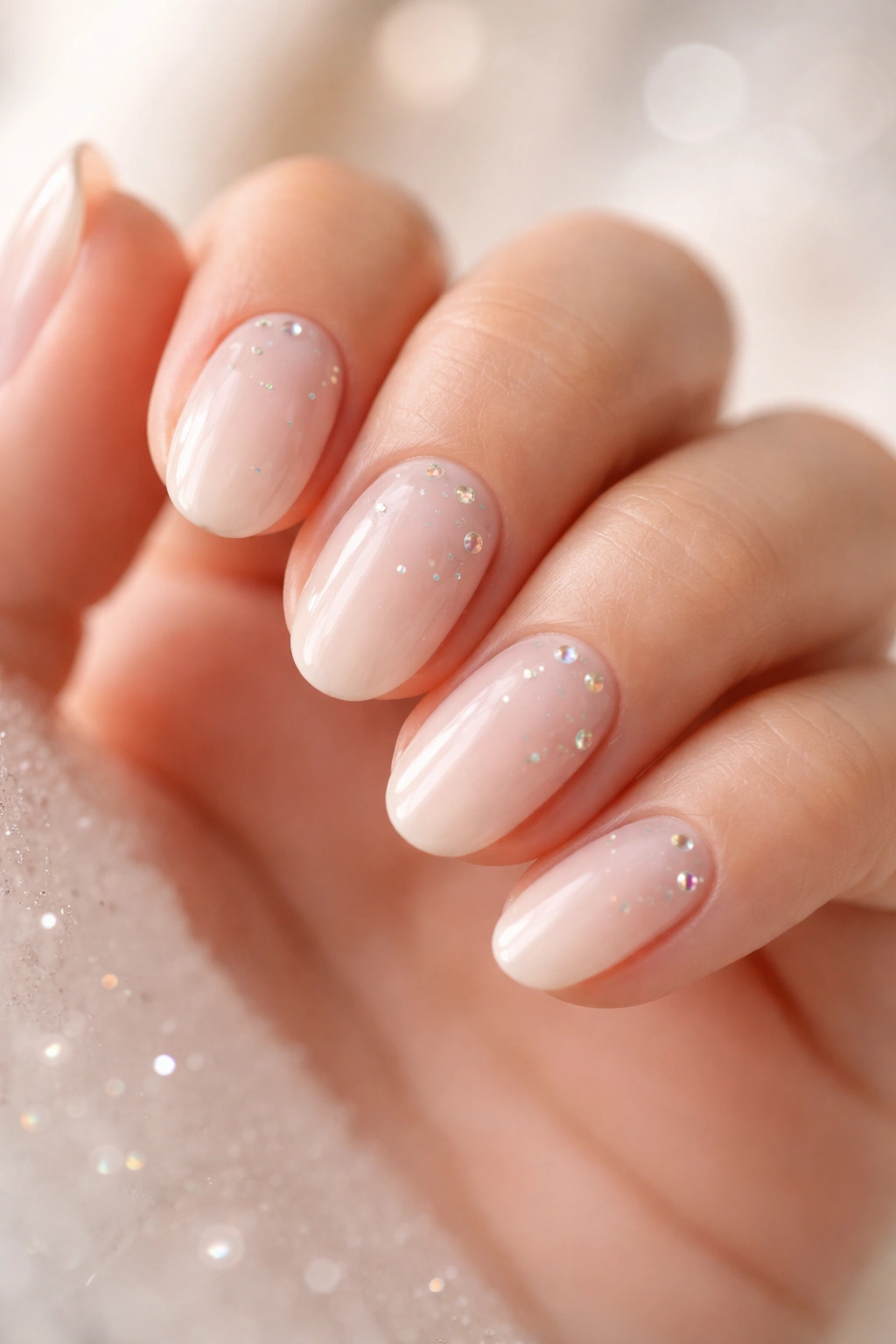 Close-up of multiple short oval nails with scattered crystals on a milky nude base