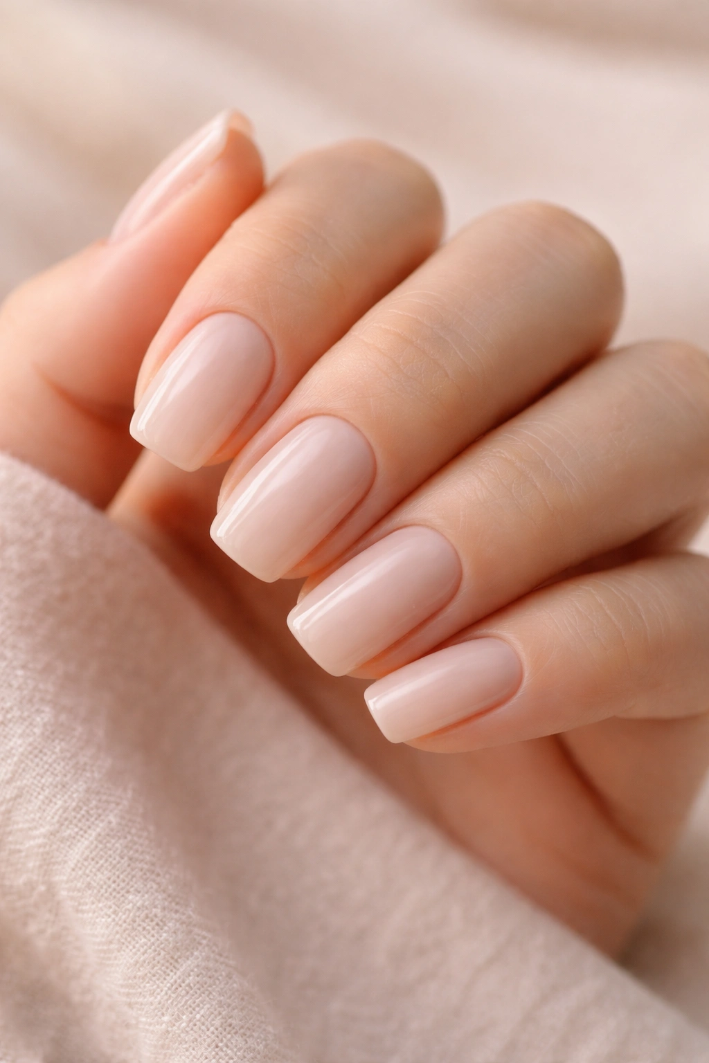 Close-up of milky nude square-oval nails with creamy sheer finish on short to medium length