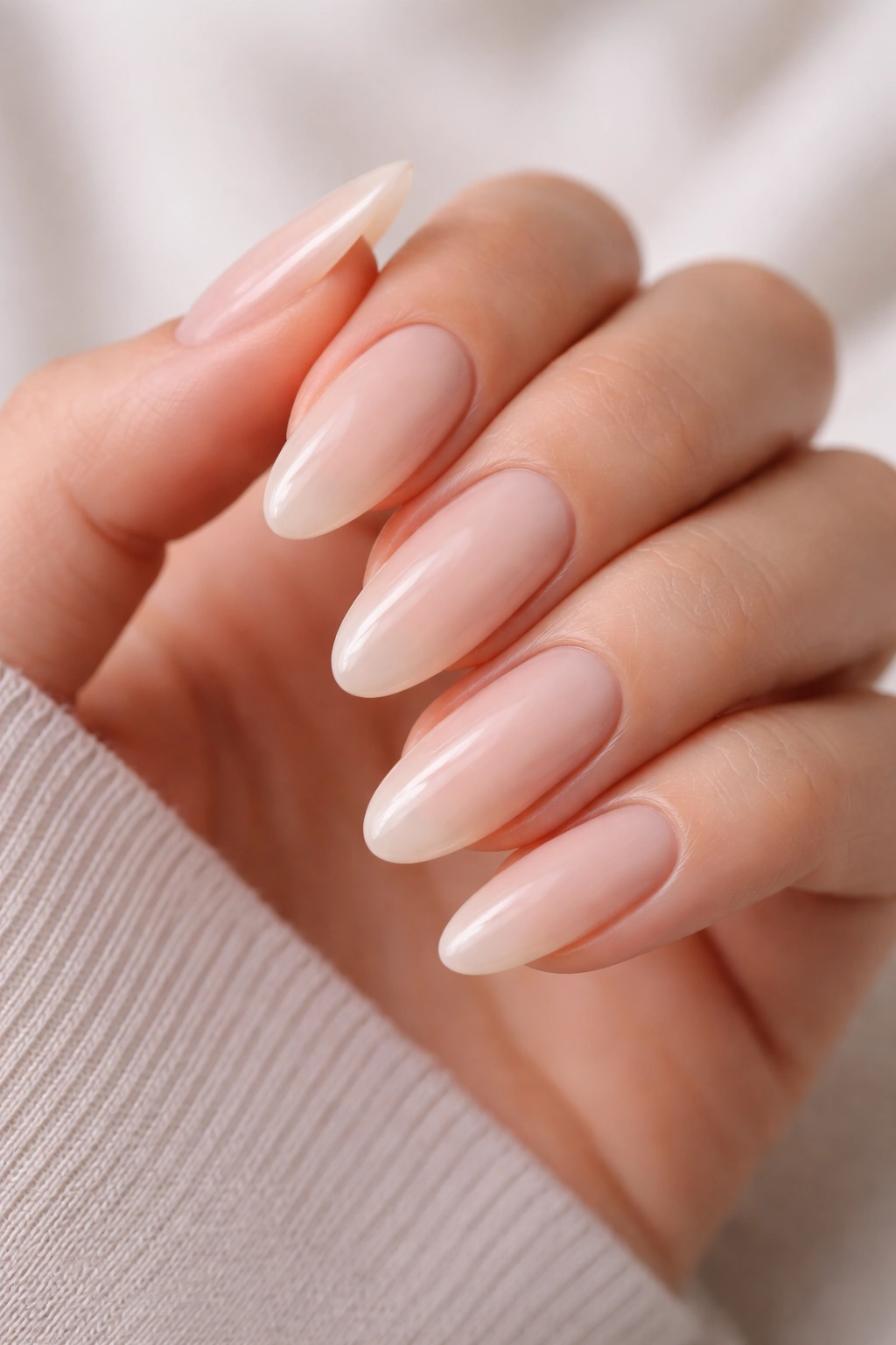 Close-up of long oval nails in milky nude polish with smooth finish