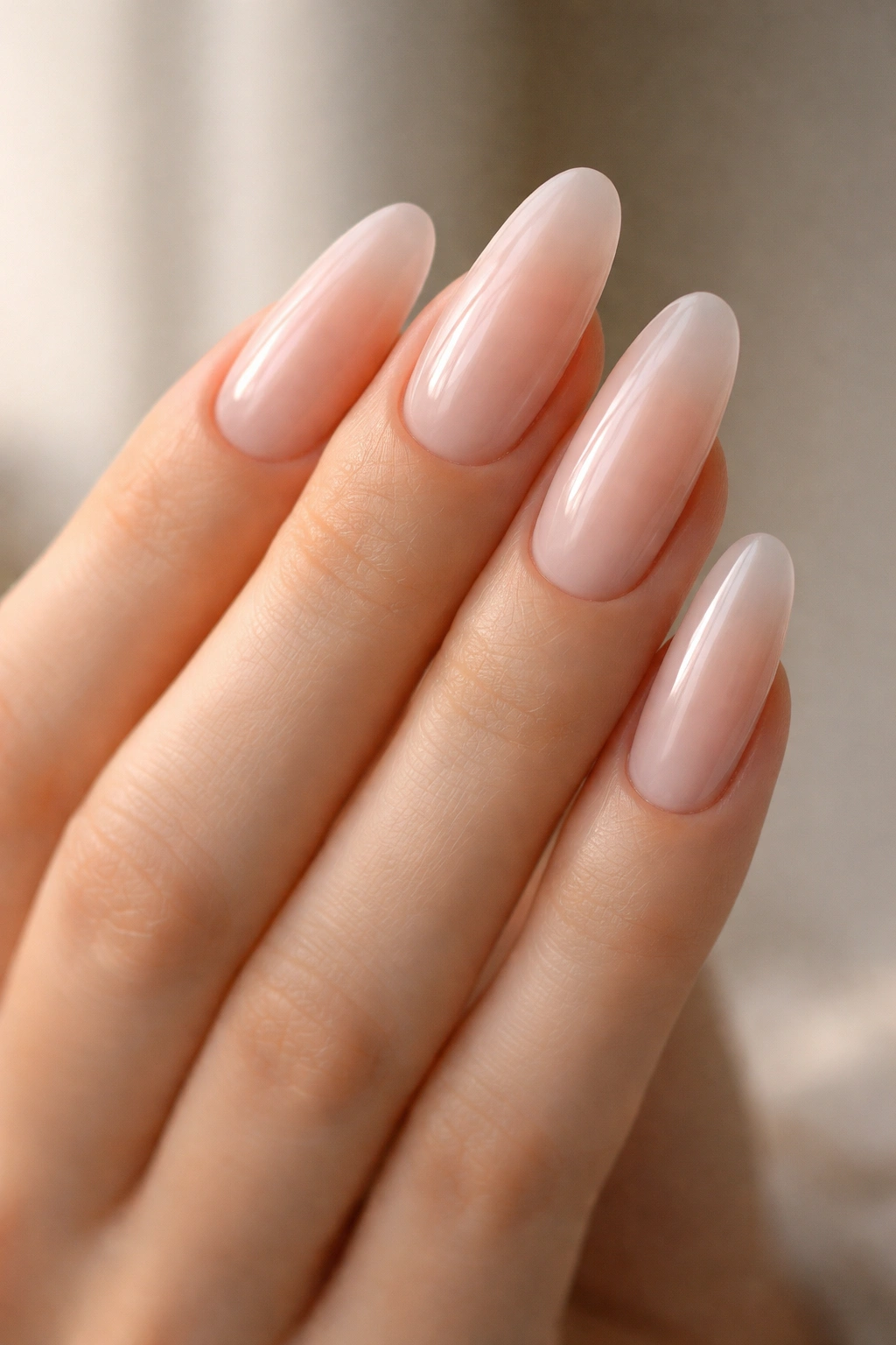 Close-up of milky nude long oval nails showing translucent base and clean finish