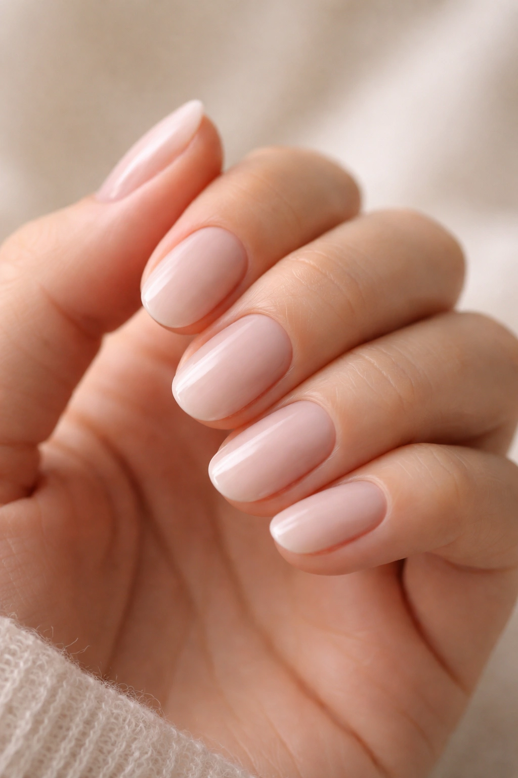 Close-up of short oval nails with milky nude overlay on a bare hand