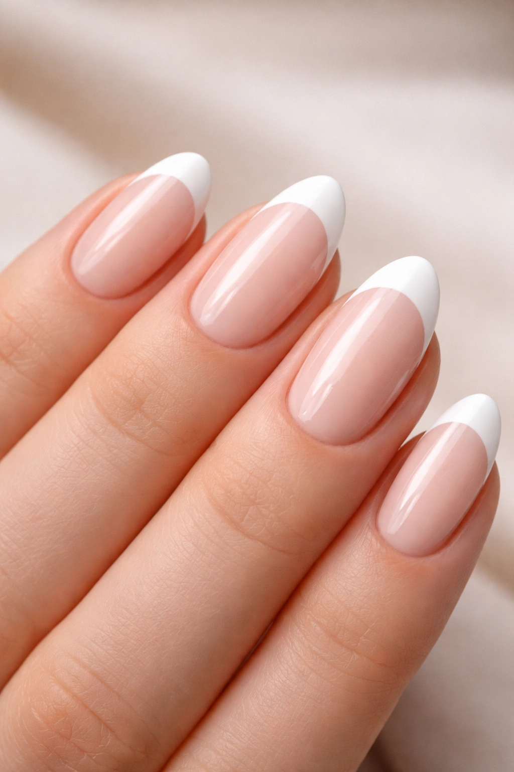 Close-up of a short almond nail with milky nude base and bold white tip.