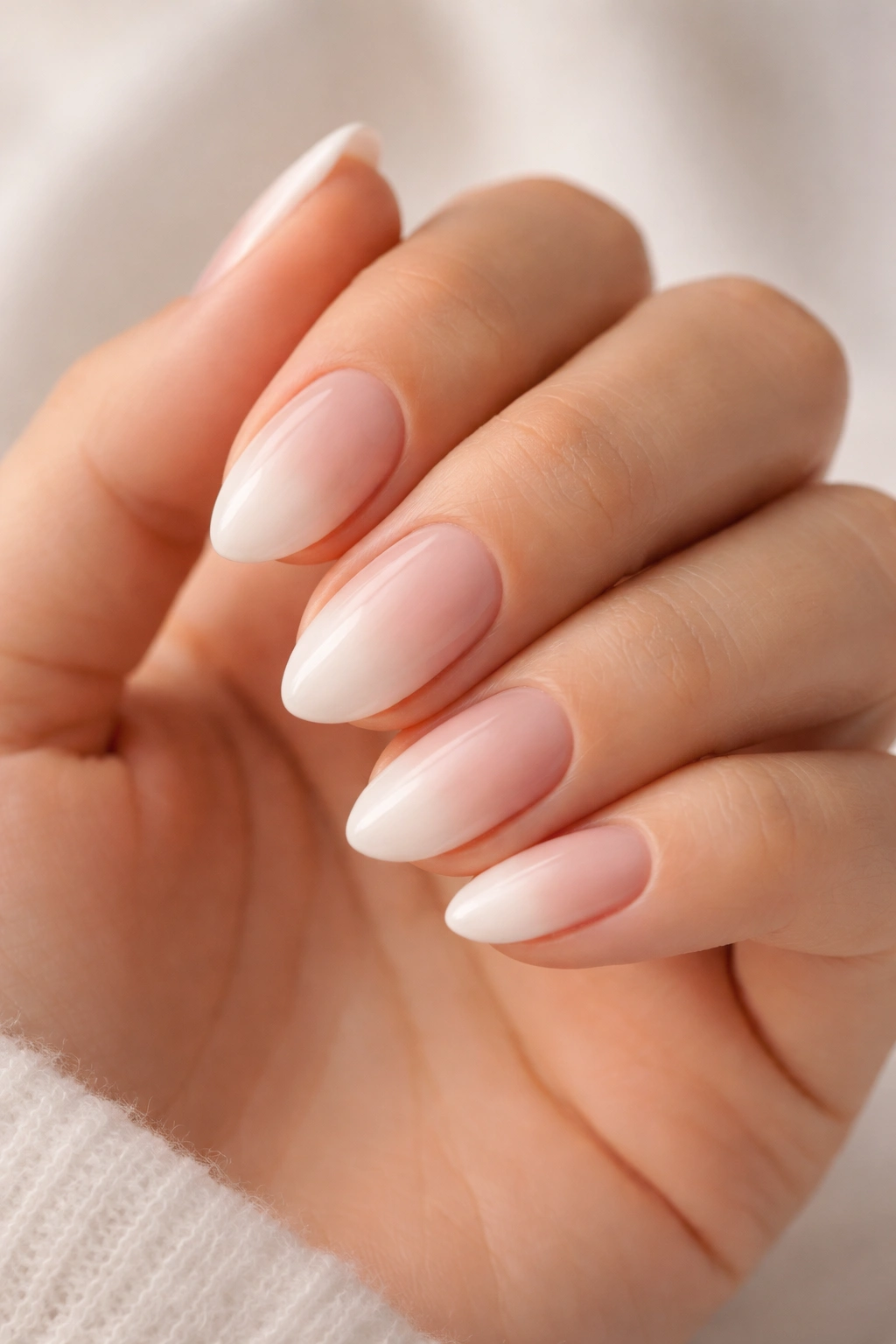 Close-up of milky ombre French nails on short almond shape