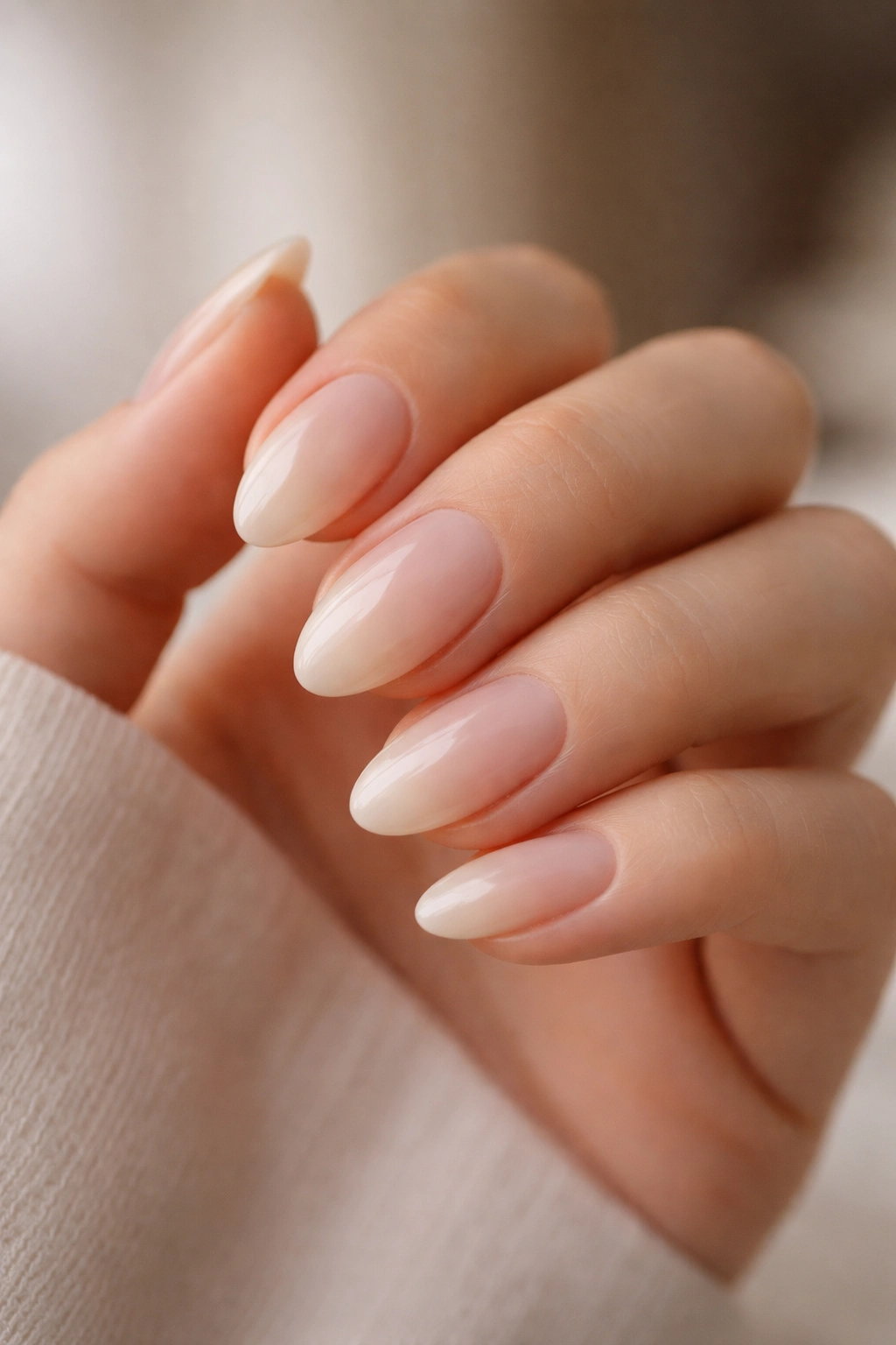 Close-up of beige almond nails with milky ombre fade