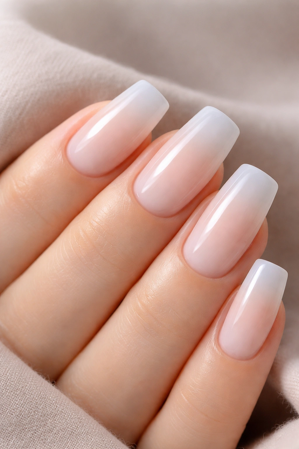 Milky ombre nails with milky base fading to sheer tips
