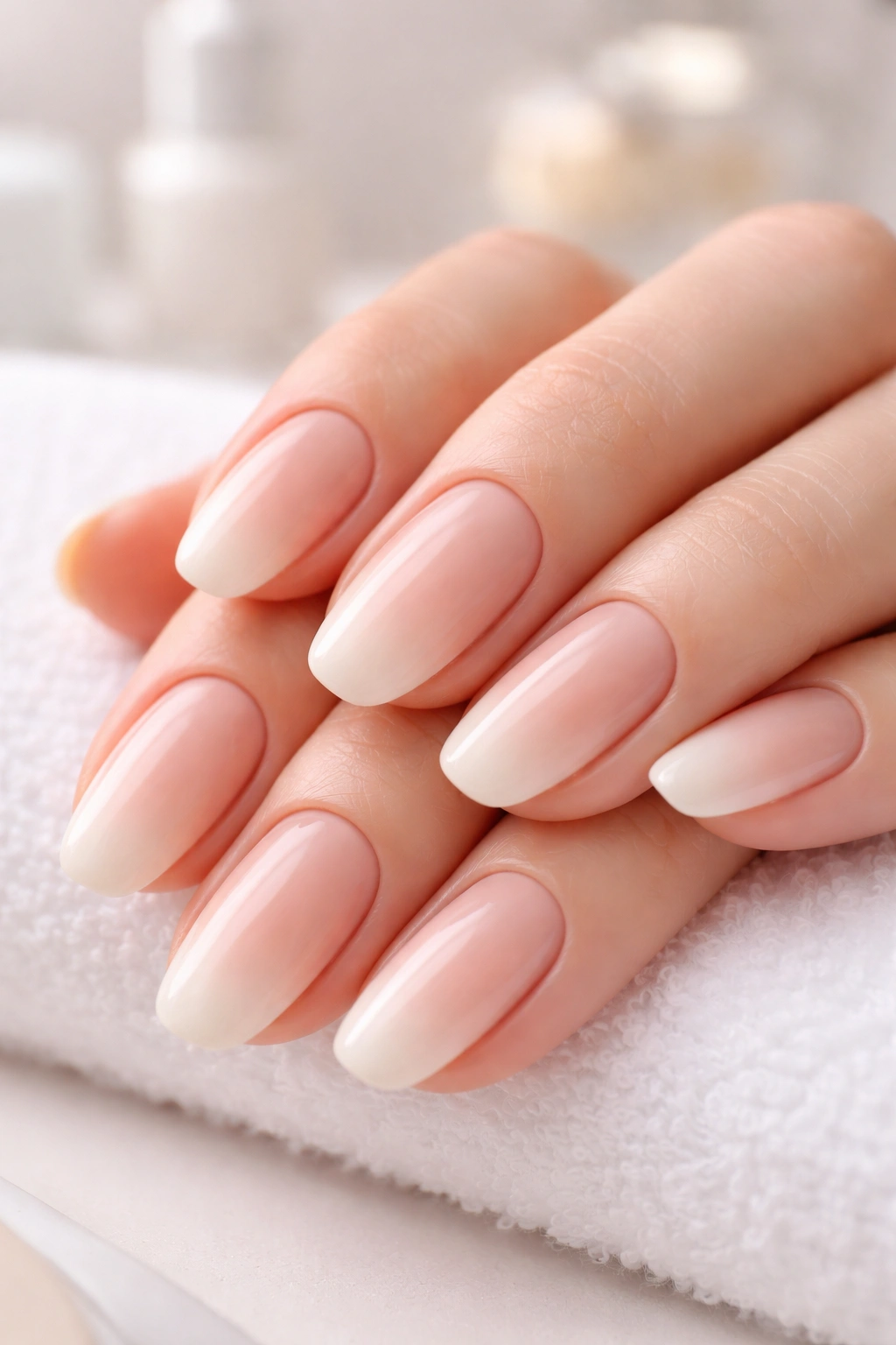 Close-up of milky white to nude gradient nails in a barely-there ombre