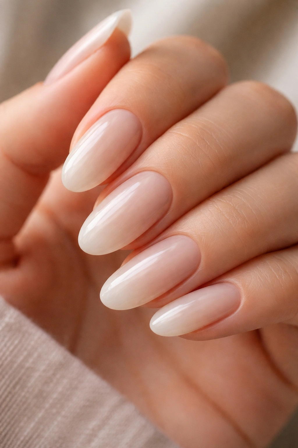 Close-up of long oval nails with a milky translucent overlay