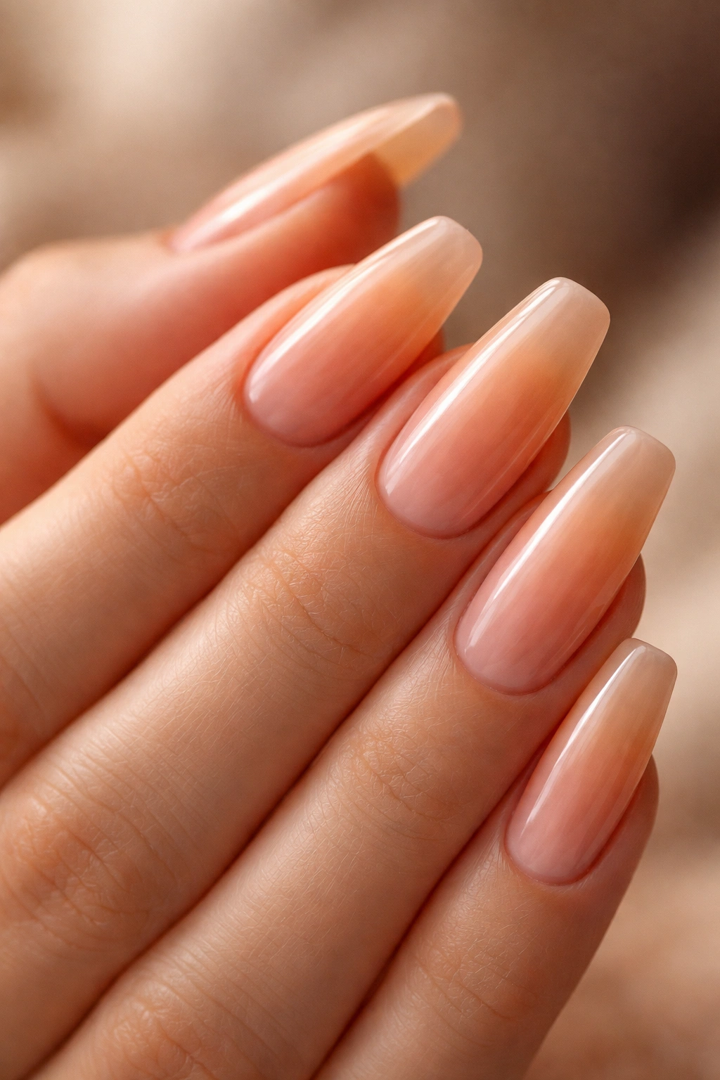 Close-up of nails with peachy orange milky overlay on ballerina shape