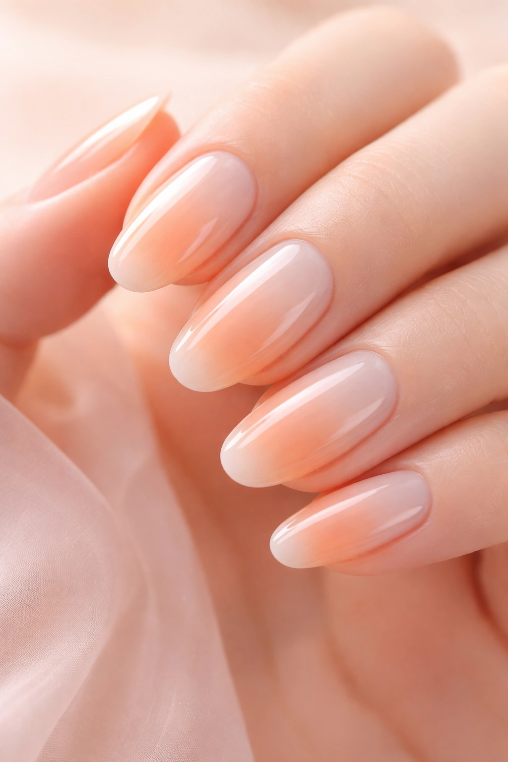Close-up of milky peach gradient nails with soft fade