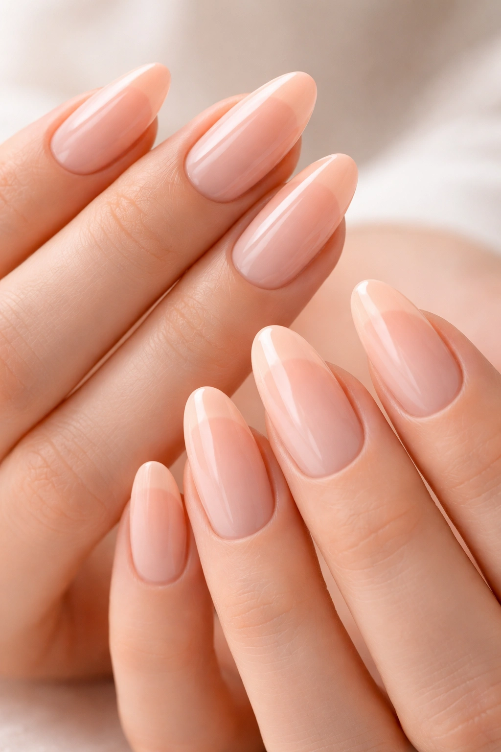 Close-up of almond nails with milky peach French tips and sheer base