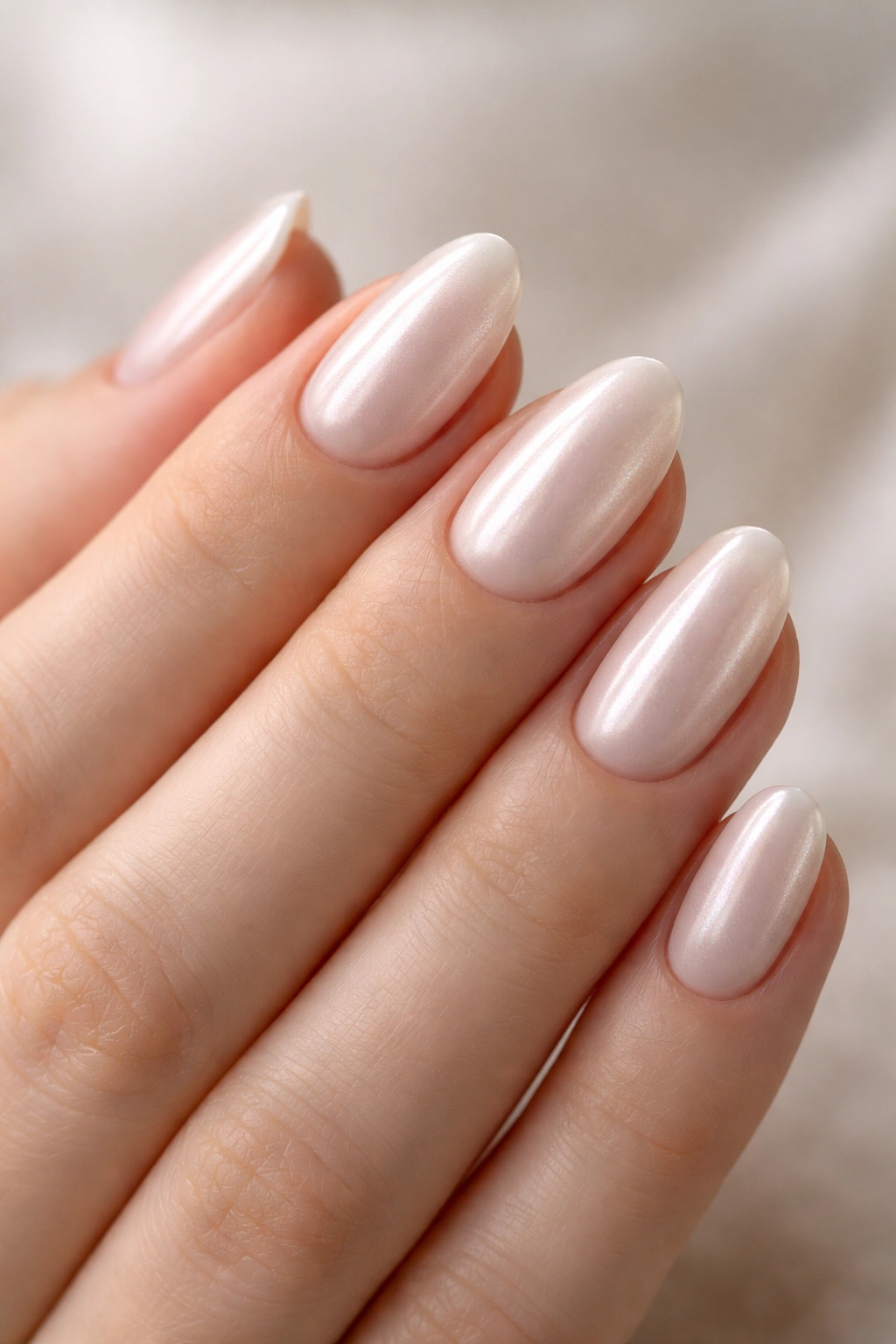 Close-up of short almond nails with milky sheer base and pearl sheen