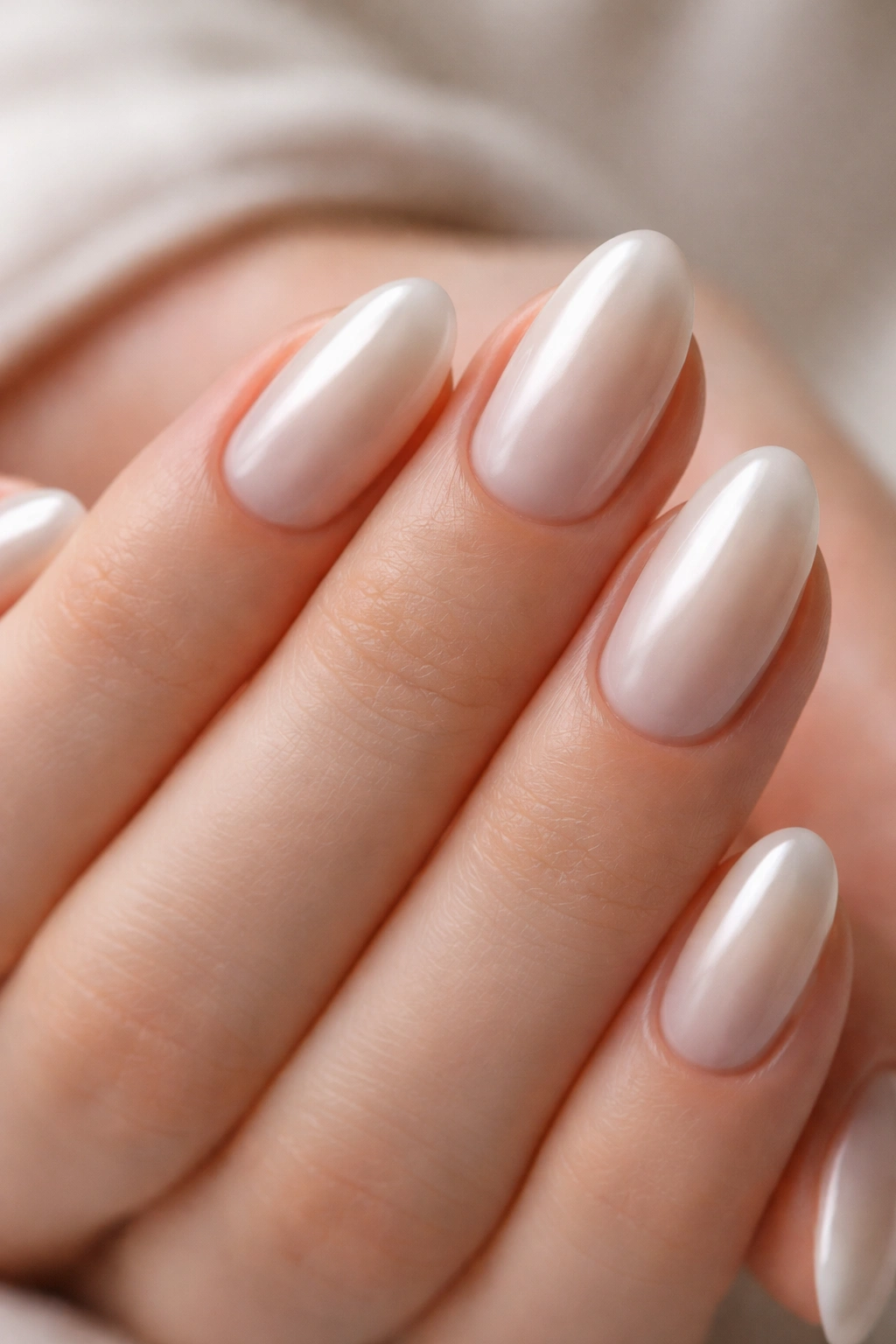 Close-up of soft milk pearl on short almond nails with milky ivory base and pearl sheen
