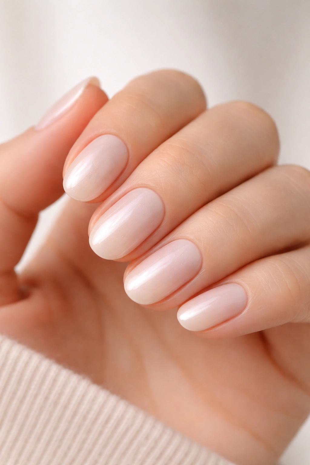 Close-up of hands showing classic milky pearl short oval nails with soft sheen