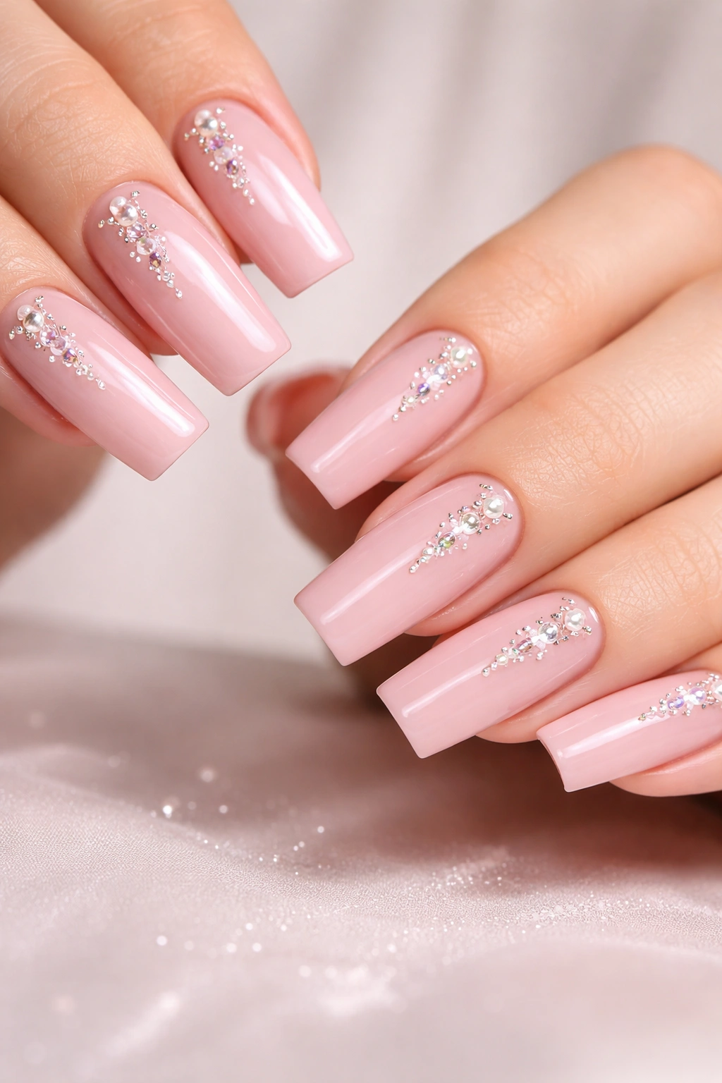 Close-up of milky pink square nails with 3D rhinestones and pearls along the center