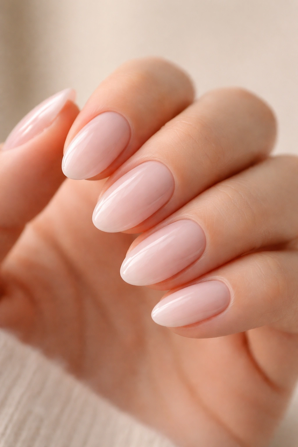 Close-up of milky pink almond nails with airy translucency and shine