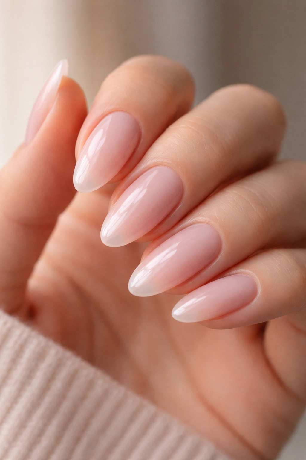 Close-up of a single hand showing almond nails with sheer milky pink polish and a glossy finish.