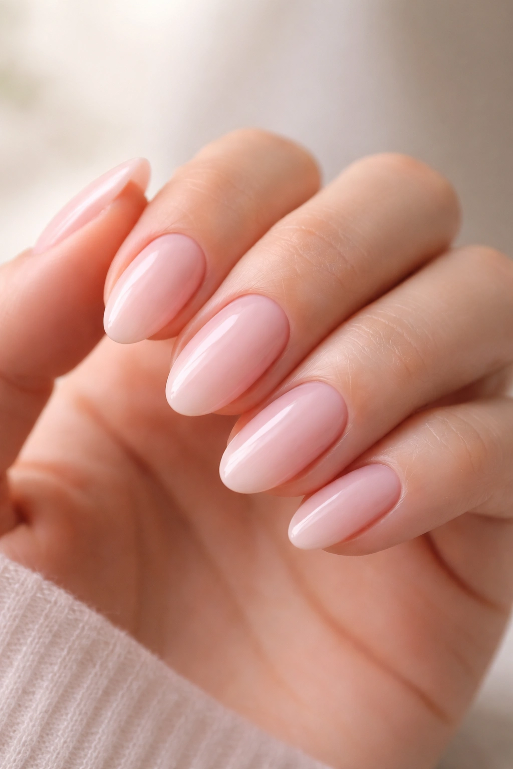 Close-up of milky pink almond nails on a hand