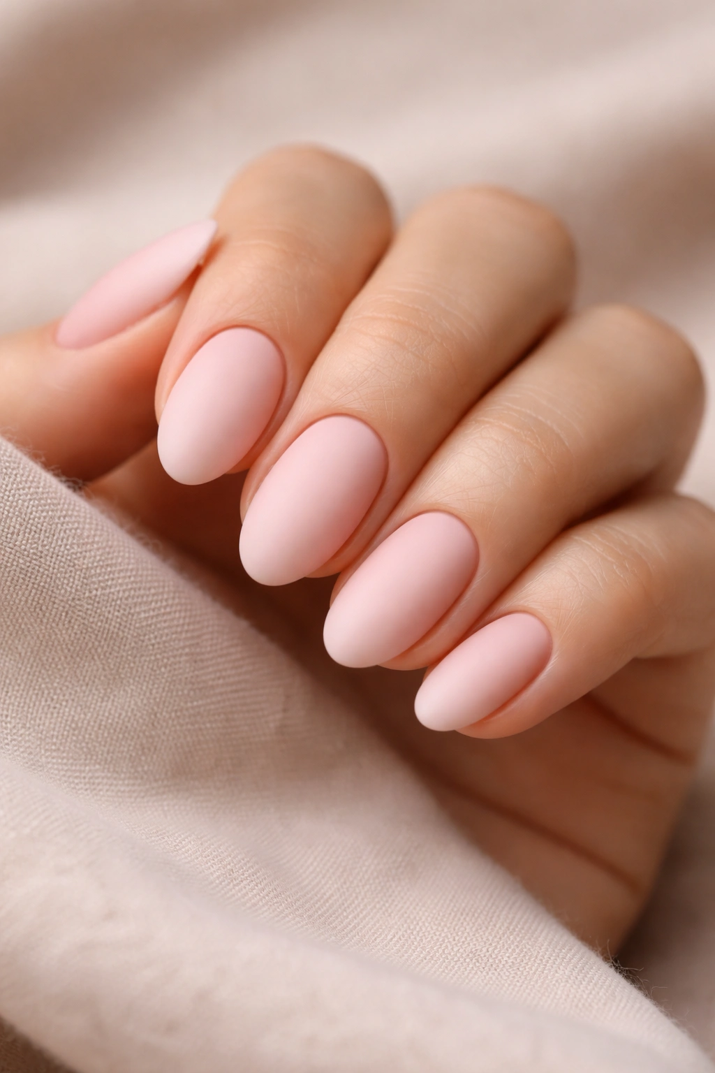 Close-up of short almond nails in milky pink matte finish