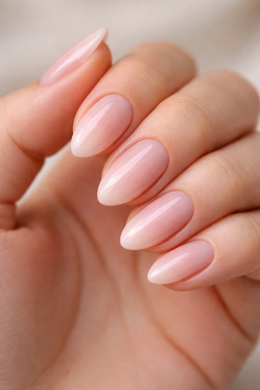 Close-up of short almond nails with sheer milky pink polish on a neutral background